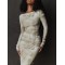 Printed Split-Back Split-Joint Long Sleeves Skinny Round-Neck Maxi Dresses Evening Dresses