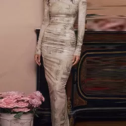 Printed Split-Back Split-Joint Long Sleeves Skinny Round-Neck Maxi Dresses Evening Dresses
