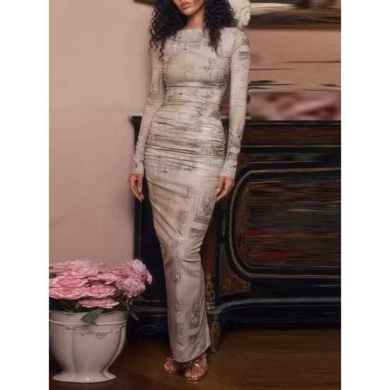 Printed Split-Back Split-Joint Long Sleeves Skinny Round-Neck Maxi Dresses Evening Dresses Printed Split-Back Split-Joint Long Sleeves Skinny Round-Neck Maxi Dresses Evening Dresses