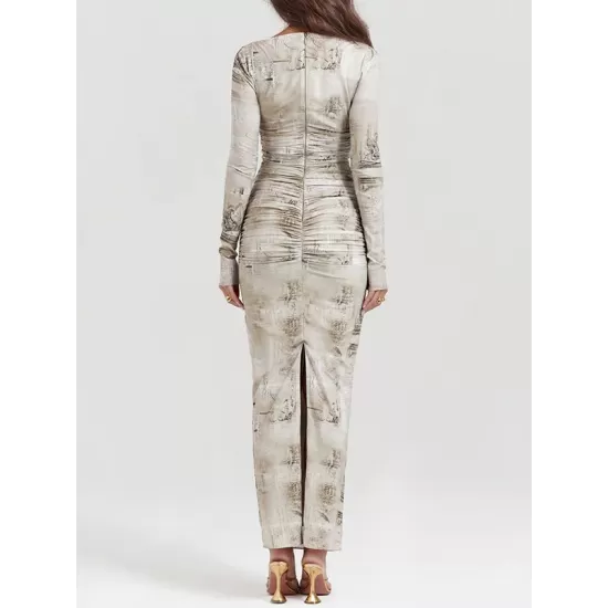 Printed Split-Back Split-Joint Long Sleeves Skinny Round-Neck Maxi Dresses Evening Dresses Printed Split-Back Split-Joint Long Sleeves Skinny Round-Neck Maxi Dresses Evening Dresses