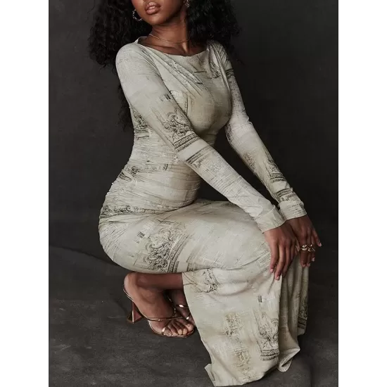 Printed Split-Back Split-Joint Long Sleeves Skinny Round-Neck Maxi Dresses Evening Dresses Printed Split-Back Split-Joint Long Sleeves Skinny Round-Neck Maxi Dresses Evening Dresses
