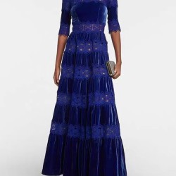Embroidered Hollow Solid Color Split-Joint Half Sleeves High Waisted High Neck Maxi Dresses