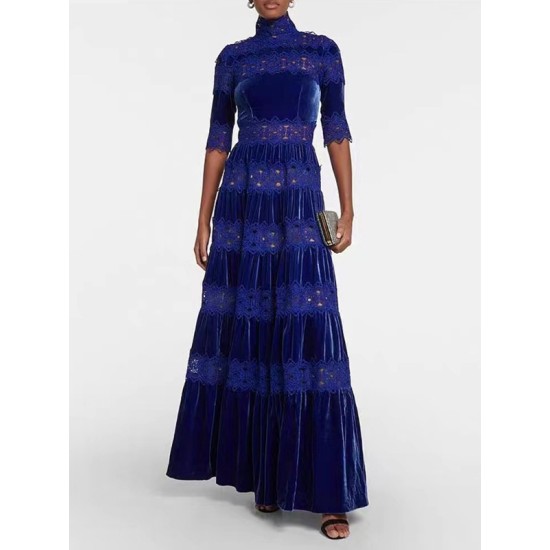 Embroidered Hollow Solid Color Split-Joint Half Sleeves High Waisted High Neck Maxi Dresses Embroidered Hollow Solid Color Split-Joint Half Sleeves High Waisted High Neck Maxi Dresses
