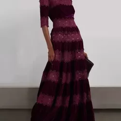 Embroidered Hollow Solid Color Split-Joint Half Sleeves High Waisted High Neck Maxi Dresses