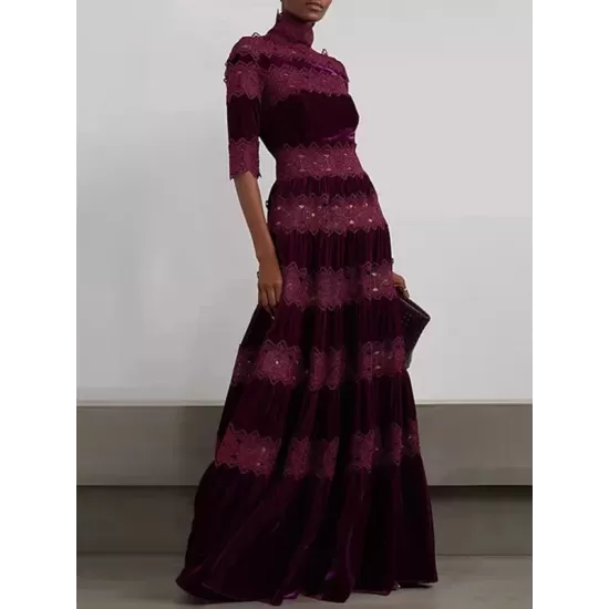 Embroidered Hollow Solid Color Split-Joint Half Sleeves High Waisted High Neck Maxi Dresses Embroidered Hollow Solid Color Split-Joint Half Sleeves High Waisted High Neck Maxi Dresses