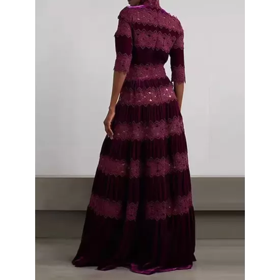 Embroidered Hollow Solid Color Split-Joint Half Sleeves High Waisted High Neck Maxi Dresses Embroidered Hollow Solid Color Split-Joint Half Sleeves High Waisted High Neck Maxi Dresses