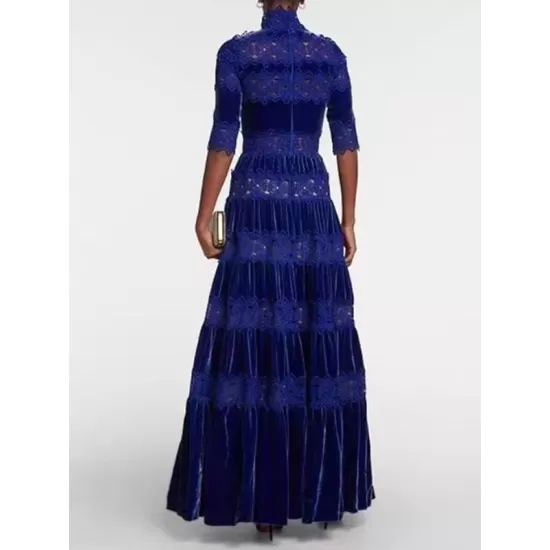 Embroidered Hollow Solid Color Split-Joint Half Sleeves High Waisted High Neck Maxi Dresses Embroidered Hollow Solid Color Split-Joint Half Sleeves High Waisted High Neck Maxi Dresses