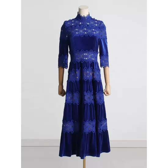 Embroidered Hollow Solid Color Split-Joint Half Sleeves High Waisted High Neck Maxi Dresses Embroidered Hollow Solid Color Split-Joint Half Sleeves High Waisted High Neck Maxi Dresses