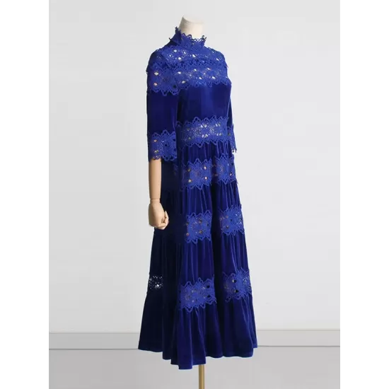 Embroidered Hollow Solid Color Split-Joint Half Sleeves High Waisted High Neck Maxi Dresses Embroidered Hollow Solid Color Split-Joint Half Sleeves High Waisted High Neck Maxi Dresses
