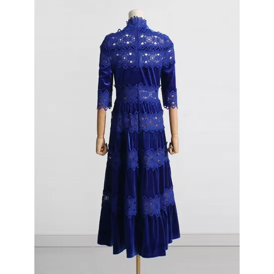 Embroidered Hollow Solid Color Split-Joint Half Sleeves High Waisted High Neck Maxi Dresses Embroidered Hollow Solid Color Split-Joint Half Sleeves High Waisted High Neck Maxi Dresses
