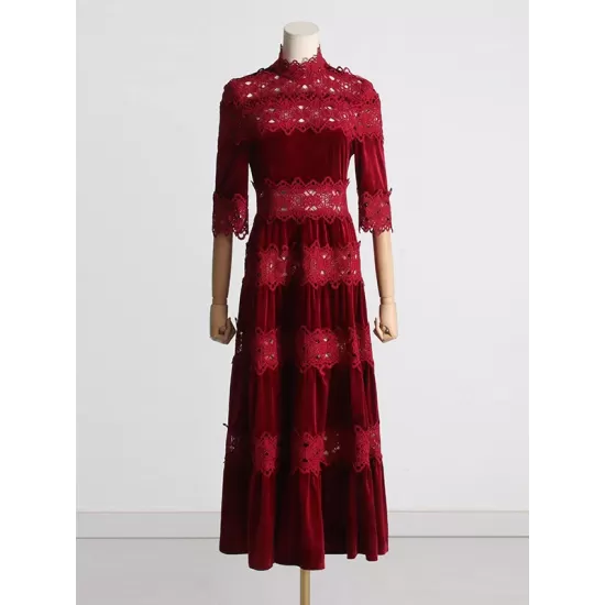 Embroidered Hollow Solid Color Split-Joint Half Sleeves High Waisted High Neck Maxi Dresses Embroidered Hollow Solid Color Split-Joint Half Sleeves High Waisted High Neck Maxi Dresses