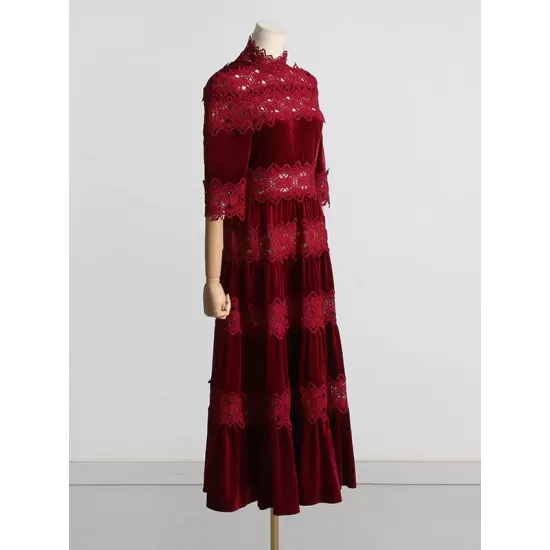Embroidered Hollow Solid Color Split-Joint Half Sleeves High Waisted High Neck Maxi Dresses Embroidered Hollow Solid Color Split-Joint Half Sleeves High Waisted High Neck Maxi Dresses