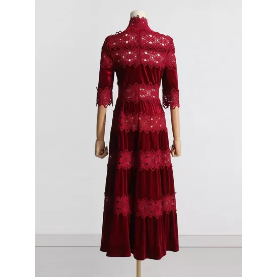 Embroidered Hollow Solid Color Split-Joint Half Sleeves High Waisted High Neck Maxi Dresses Embroidered Hollow Solid Color Split-Joint Half Sleeves High Waisted High Neck Maxi Dresses