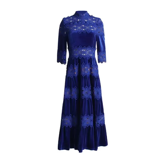 Embroidered Hollow Solid Color Split-Joint Half Sleeves High Waisted High Neck Maxi Dresses Embroidered Hollow Solid Color Split-Joint Half Sleeves High Waisted High Neck Maxi Dresses