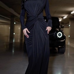 Solid Color Long Sleeves Mermaid Round-neck Maxi Dresses Evening Dresses