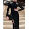 Back Cross Split-side Tasseled Long Sleeves Skinny High Neck Midi Dresses Evening Dresses