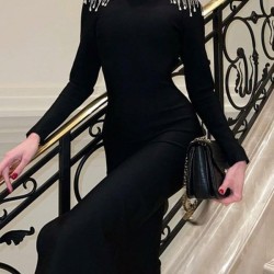 Back Cross Split-side Tasseled Long Sleeves Skinny High Neck Midi Dresses Evening Dresses
