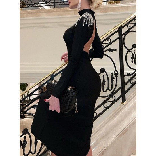 Back Cross Split-side Tasseled Long Sleeves Skinny High Neck Midi Dresses Evening Dresses Back Cross Split-side Tasseled Long Sleeves Skinny High Neck Midi Dresses Evening Dresses