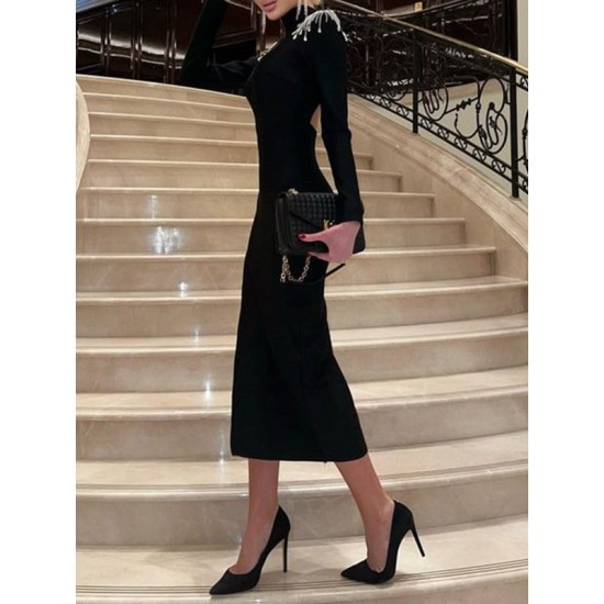 Back Cross Split-side Tasseled Long Sleeves Skinny High Neck Midi Dresses Evening Dresses Back Cross Split-side Tasseled Long Sleeves Skinny High Neck Midi Dresses Evening Dresses