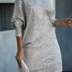 Asymmetric Sequined Solid Color A-Line Loose One-Shoulder Mini Dresses
