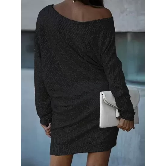 Asymmetric Sequined Solid Color A-Line Loose One-Shoulder Mini Dresses Asymmetric Sequined Solid Color A-Line Loose One-Shoulder Mini Dresses