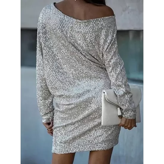 Asymmetric Sequined Solid Color A-Line Loose One-Shoulder Mini Dresses Asymmetric Sequined Solid Color A-Line Loose One-Shoulder Mini Dresses