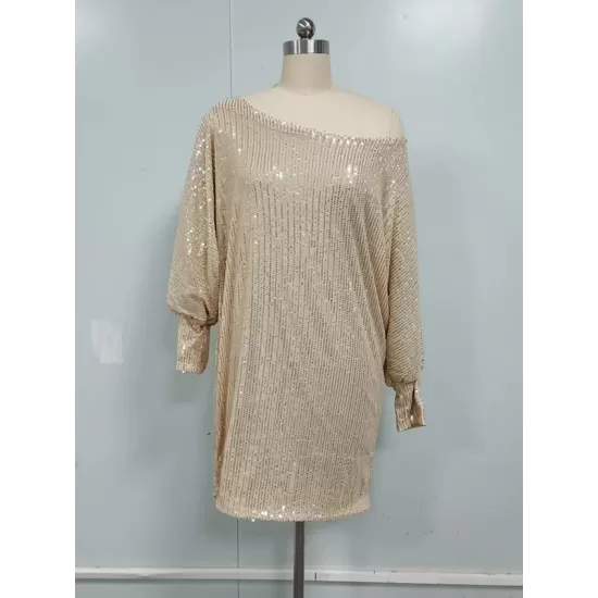 Asymmetric Sequined Solid Color A-Line Loose One-Shoulder Mini Dresses Asymmetric Sequined Solid Color A-Line Loose One-Shoulder Mini Dresses