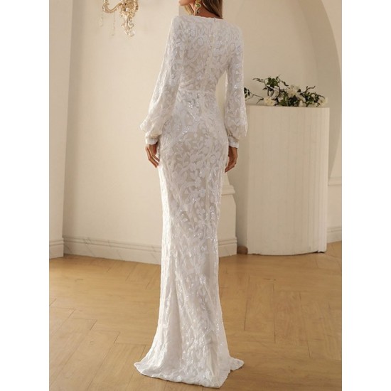 Sequined Solid Color Split-Front Tied Waist Bodycon Long Sleeves V-Neck Maxi Dresses Sequined Solid Color Split-Front Tied Waist Bodycon Long Sleeves V-Neck Maxi Dresses