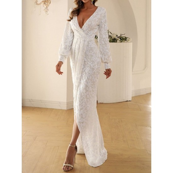 Sequined Solid Color Split-Front Tied Waist Bodycon Long Sleeves V-Neck Maxi Dresses Sequined Solid Color Split-Front Tied Waist Bodycon Long Sleeves V-Neck Maxi Dresses