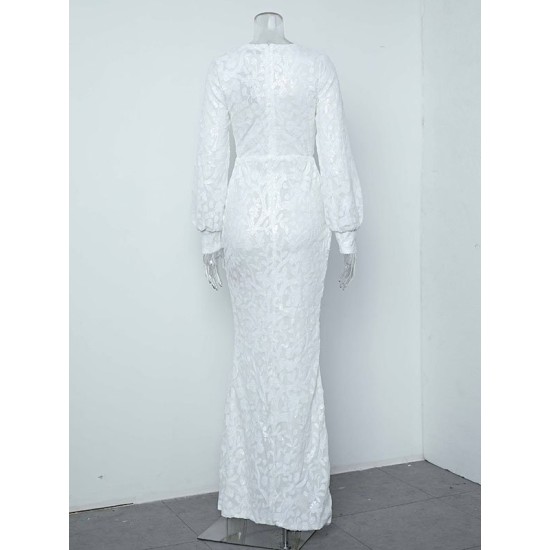 Sequined Solid Color Split-Front Tied Waist Bodycon Long Sleeves V-Neck Maxi Dresses Sequined Solid Color Split-Front Tied Waist Bodycon Long Sleeves V-Neck Maxi Dresses