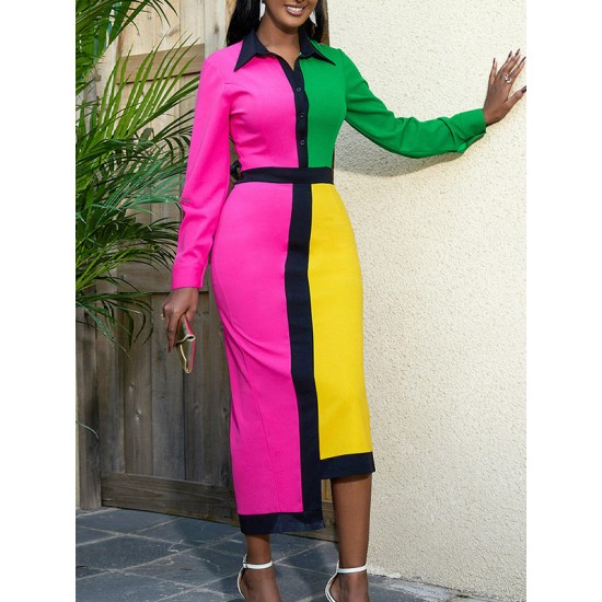 Asymmetric Buttoned Contrast Color Split-back High Waisted Long Sleeves Lapel Midi Dresses Asymmetric Buttoned Contrast Color Split-back High Waisted Long Sleeves Lapel Midi Dresses