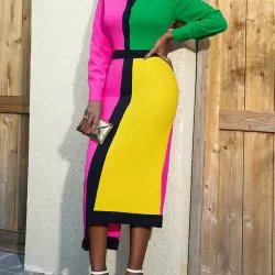Asymmetric Buttoned Contrast Color Split-back High Waisted Long Sleeves Lapel Midi Dresses