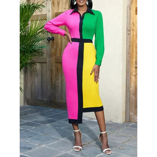Asymmetric Buttoned Contrast Color Split-back High Waisted Long Sleeves Lapel Midi Dresses Asymmetric Buttoned Contrast Color Split-back High Waisted Long Sleeves Lapel Midi Dresses