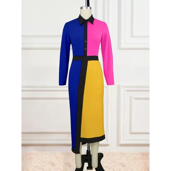 Asymmetric Buttoned Contrast Color Split-back High Waisted Long Sleeves Lapel Midi Dresses Asymmetric Buttoned Contrast Color Split-back High Waisted Long Sleeves Lapel Midi Dresses