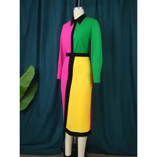 Asymmetric Buttoned Contrast Color Split-back High Waisted Long Sleeves Lapel Midi Dresses Asymmetric Buttoned Contrast Color Split-back High Waisted Long Sleeves Lapel Midi Dresses