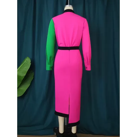 Asymmetric Buttoned Contrast Color Split-back High Waisted Long Sleeves Lapel Midi Dresses Asymmetric Buttoned Contrast Color Split-back High Waisted Long Sleeves Lapel Midi Dresses