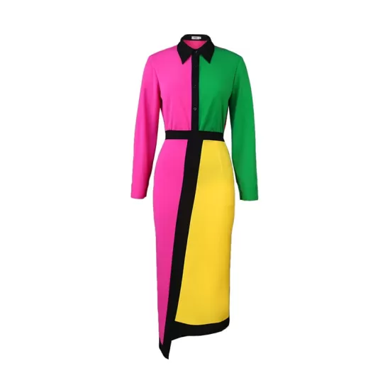 Asymmetric Buttoned Contrast Color Split-back High Waisted Long Sleeves Lapel Midi Dresses Asymmetric Buttoned Contrast Color Split-back High Waisted Long Sleeves Lapel Midi Dresses