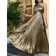 Asymmetric Pleated Shiny Solid Color High Waisted Loose One-shoulder Maxi Dresses Asymmetric Pleated Shiny Solid Color High Waisted Loose One-shoulder Maxi Dresses