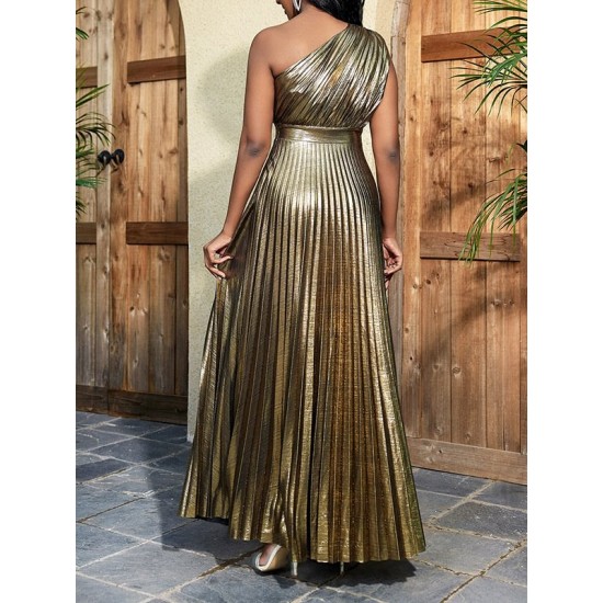 Asymmetric Pleated Shiny Solid Color High Waisted Loose One-shoulder Maxi Dresses Asymmetric Pleated Shiny Solid Color High Waisted Loose One-shoulder Maxi Dresses