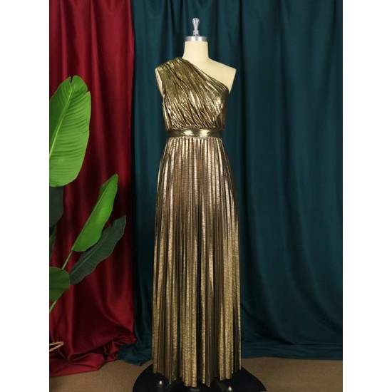 Asymmetric Pleated Shiny Solid Color High Waisted Loose One-shoulder Maxi Dresses Asymmetric Pleated Shiny Solid Color High Waisted Loose One-shoulder Maxi Dresses