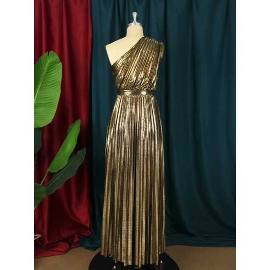 Asymmetric Pleated Shiny Solid Color High Waisted Loose One-shoulder Maxi Dresses Asymmetric Pleated Shiny Solid Color High Waisted Loose One-shoulder Maxi Dresses