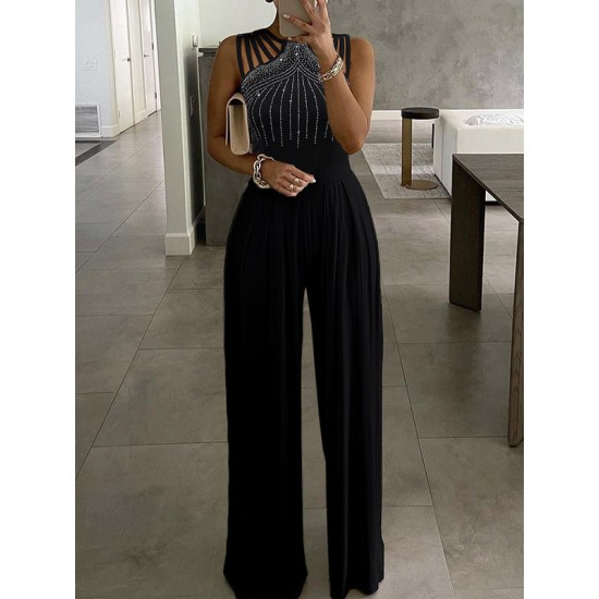 Hollow Rhinestone Sleeveless Wide Leg Jumpsuits Hollow Rhinestone Sleeveless Wide Leg Jumpsuits