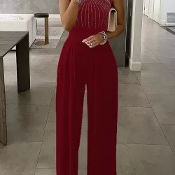 Hollow Rhinestone Sleeveless Wide Leg Jumpsuits