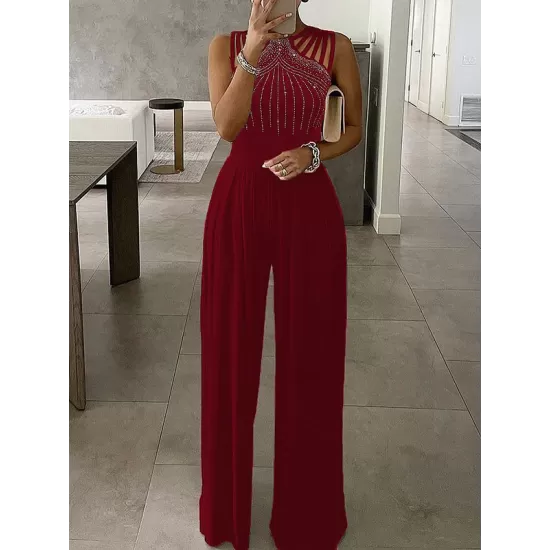 Hollow Rhinestone Sleeveless Wide Leg Jumpsuits Hollow Rhinestone Sleeveless Wide Leg Jumpsuits