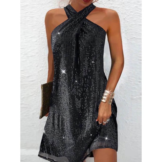 Hollow Sequined Solid Color A-Line Loose Halter-Neck Mini Dresses Hollow Sequined Solid Color A-Line Loose Halter-Neck Mini Dresses