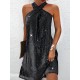 Hollow Sequined Solid Color A-Line Loose Halter-Neck Mini Dresses Hollow Sequined Solid Color A-Line Loose Halter-Neck Mini Dresses