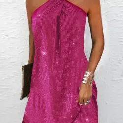 Hollow Sequined Solid Color A-Line Loose Halter-Neck Mini Dresses