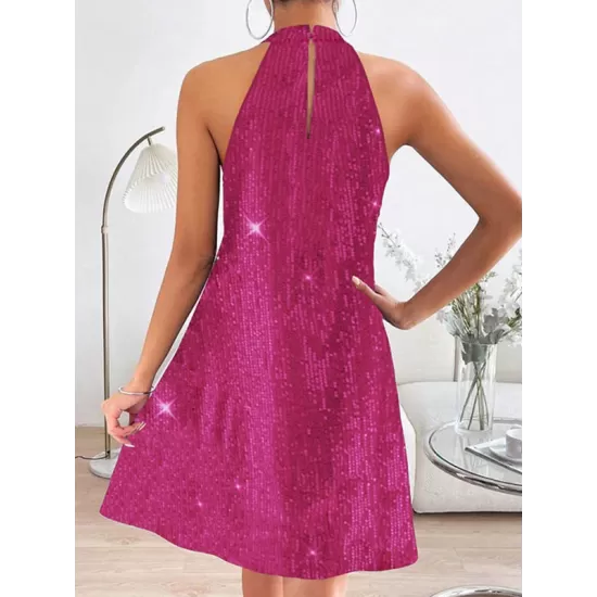 Hollow Sequined Solid Color A-Line Loose Halter-Neck Mini Dresses Hollow Sequined Solid Color A-Line Loose Halter-Neck Mini Dresses
