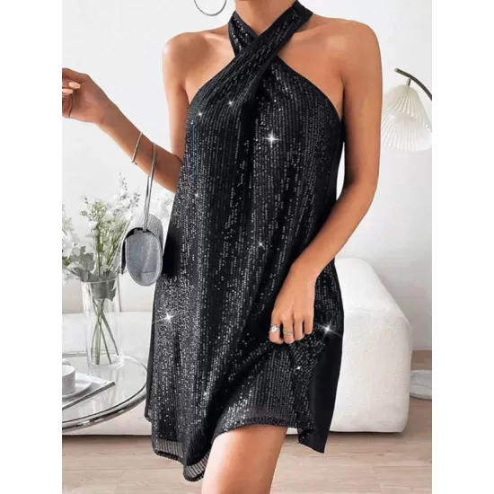 Hollow Sequined Solid Color A-Line Loose Halter-Neck Mini Dresses Hollow Sequined Solid Color A-Line Loose Halter-Neck Mini Dresses