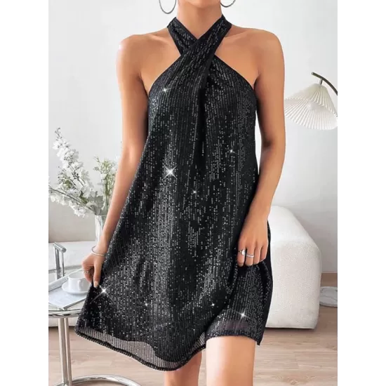 Hollow Sequined Solid Color A-Line Loose Halter-Neck Mini Dresses Hollow Sequined Solid Color A-Line Loose Halter-Neck Mini Dresses
